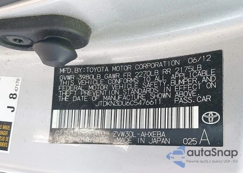 2012 Toyota Prius Three from USA, damaged, VIN JTDKN3DU6C5476611
